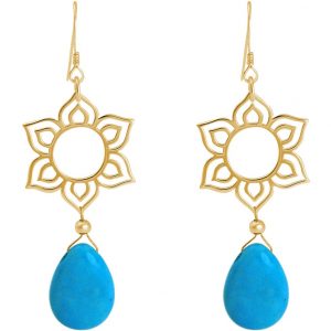 GEMSHINE Damenohrringe aus 925 Silber hochwertig vergoldet mit YOGA Mandala Lotusblumen und Türkisen hervorragender Qualität. Made in Madrid / Spanien. Im eleganten Schmucketui mit Geschenkverpackung.
