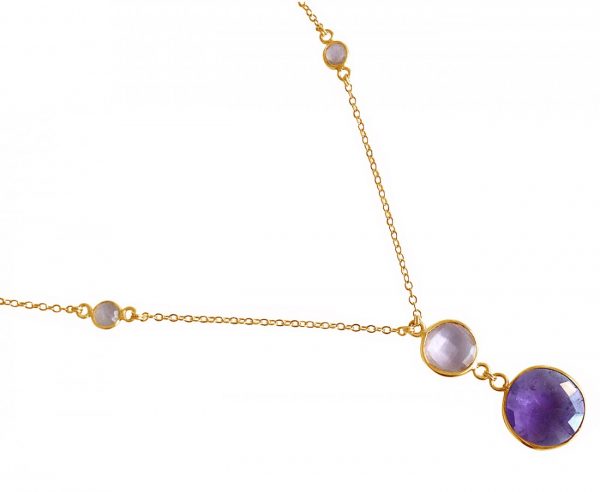 Gemshine - Damen - Halskette - Anhänger - 925 Silber - Vergoldet - Rosenquarz - Amethyst - Rosa - Lila - 45 cm