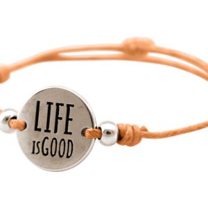 Gemshine - Damen - Armband - Gravur - LIFE IS GOOD - Silber - Hellkoralle - Rose