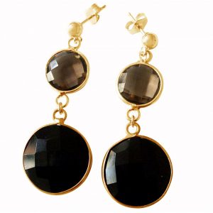 Gemshine - Damen - Ohrringe - 925 Silber - Vergoldet - Onyx - Rauchquarz - Schwarz - Braun - 4 cm