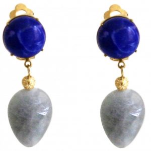 Gemshine - Damen - Ohrringe - Ohrclips - Vergoldet - Aquamarin - Lapis Lazuli - Blau - TROPFEN - 4 cm