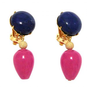 Gemshine - Damen - Ohrringe - Ohrclips - Vergoldet - Lapis Lazuli - Jade - Blau - Rosa - TROPFEN - 3,5 cm