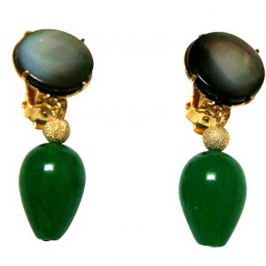 Gemshine - Damen - Ohrringe - Ohrclips - Vergoldet - Perlmutt - Jade - Grau - Grün - TROPFEN - 3,5 cm