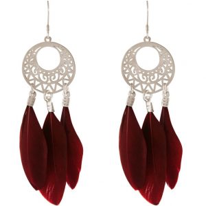 Gemshine - Ohrringe - Traumfänger - Silber - Boho - Weinrot - Feder - 7 cm