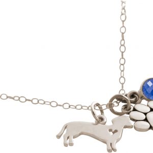 GEMSHINE Dackel und Pfote Tatze Anhänger mit Edelstein Auswahl. Massiv 925 Silber an 45cm Halskette. Geschenk für Haustier Herrchen und Frauchen - Made in Spain, Stein:Saphir