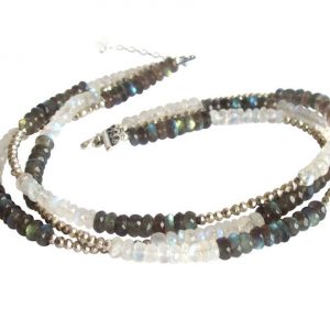 Gemshine - Damen - Halskette - Mondstein - Labradorit - Weiß - Grau - Facettiert - 925 Silber - 45 cm