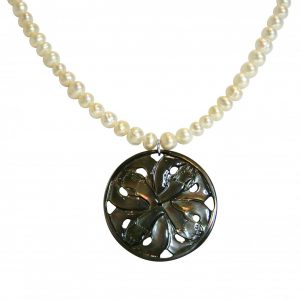 Gemshine - Damen - Halskette - Anhänger - Medaillon - Perlen - Perlmutt - 925 Silber - Grau - Weiß -3,5 cm