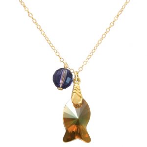 Gemshine - Damen - Halskette - Anhänger - Vergoldet - Fisch - Orange - Goldbraun - Violett - MADE WITH SWAROVSKI ELEMENTS® - 45 cm