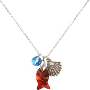Gemshine - Damen - Halskette - Anhänger - 925 Silber - Muschel - Fisch - Rot - Blau - MADE WITH SWAROVSKI ELEMENTS® - 45 cm