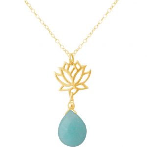 GEMSHINE Damenhalskette aus hochwertig vergoldetem 925 Silber mit YOGA Lotusblume und Türkis Tropfen hervorragender Qualität. Made in Madrid / Spanien. Im eleganten Schmucketui mit Geschenkverpackung.