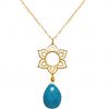 GEMSHINE Damenhalskette aus hochwertig vergoldetem 925 Silber mit YOGA Lotusblume und Türkis Tropfen hervorragender Qualität. Made in Madrid / Spanien. Im eleganten Schmucketui mit Geschenkverpackung.