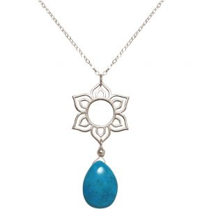 GEMSHINE Damenhalskette aus 925 Silber mit YOGA Lotusblume und Türkis Tropfen. Edelstein hervorragender Qualität und Farbe. Made in Madrid / Spanien. Im eleganten Schmucketui mit Geschenkverpackung