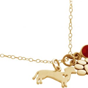 GEMSHINE Dackel und Pfote Tatze Anhänger mit Edelstein Auswahl. Massiv 925 Silber vergoldet an 45cm Kette. Geschenk für Haustier Herrchen und Frauchen - Made in Spain, Stein:Rubin