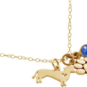 GEMSHINE Dackel und Pfote Tatze Anhänger mit Edelstein Auswahl. Massiv 925 Silber vergoldet an 45cm Kette. Geschenk für Haustier Herrchen und Frauchen - Made in Spain, Stein:Saphir