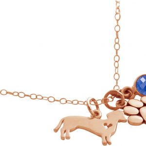 GEMSHINE Dackel und Pfote Anhänger mit Edelstein Auswahl. Massiv 925 Silber rose vergoldet an 45cm Kette. Geschenk für Haustier Herrchen und Frauchen - Made in Spain, Stein:Saphir