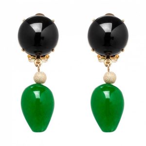 Gemshine - Damen - Ohrringe - Ohrclips - Vergoldet - Onyx - Jade - Schwarz - Grün - TROPFEN - 3,5 cm