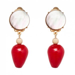 Gemshine - Damen - Ohrringe - Ohrclips - Vergoldet  - Perlmutt - Jade - Grau - Rot - TROPFEN - 3,5 cm