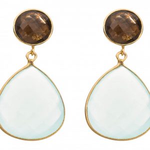 Gemshine - Damen - Ohrringe - 925 Silber Vergoldet - Chalcedon - Rauchquarz - Meeresgrün - Braun - 4 cm