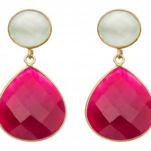 Gemshine - Damen - Ohrringe - 925 Silber Vergoldet - Chalcedon - Rubin - Meeresgrün - Rot - 4 cm