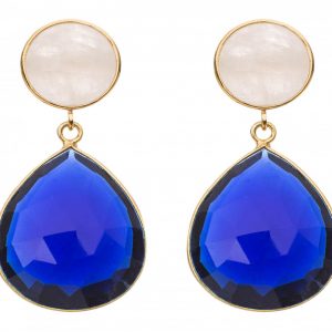 Gemshine - Damen - Ohrringe - 925 Silber Vergoldet - Mondstein - Quarz - Weiss - Blau - 4 cm