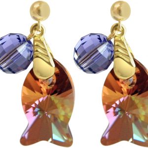 Gemshine - Damen - Ohrringe - Vergoldet - Fisch - Orange - Goldbraun - Violett - MADE WITH SWAROVSKI ELEMENTS® - 3 cm