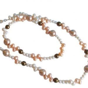 Gemshine - Damen - Halskette - 925 Silber - Perlen - Champagner - Bronze - Weiß - 60 cm